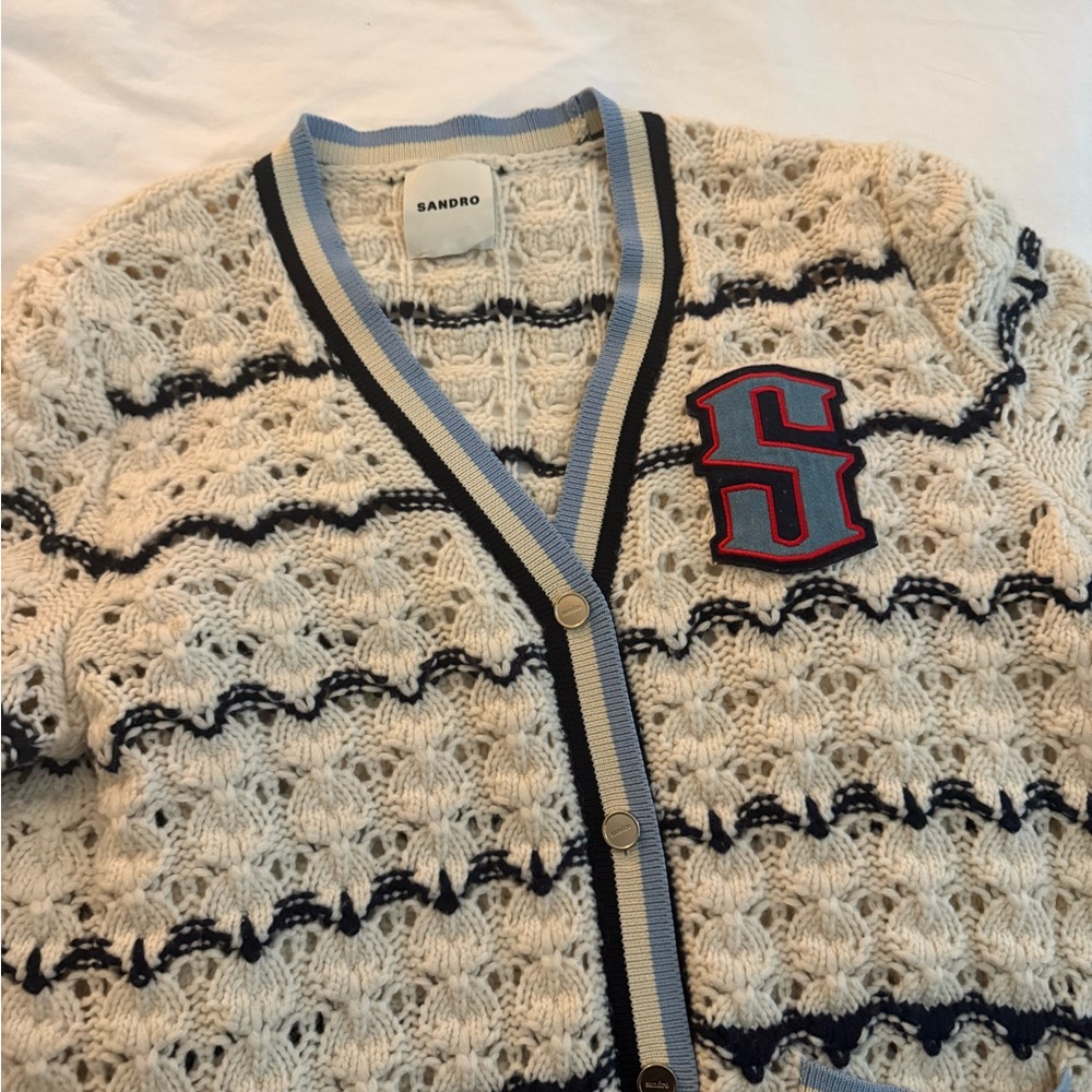 Sandro Cream Knit Cardigan with Navy and Light Blue Trim
